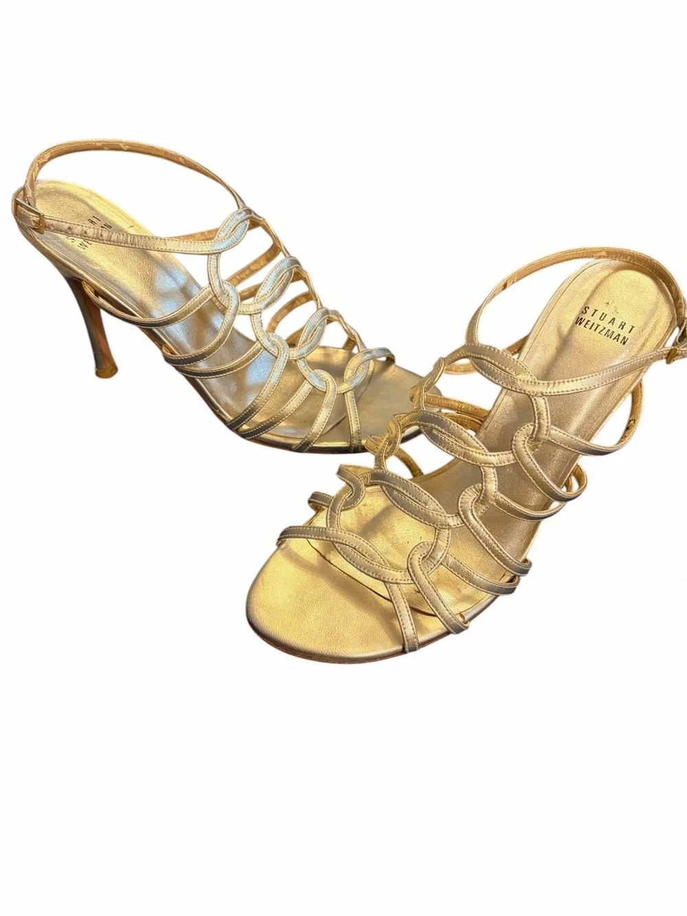 Stuart Weitzman Metallic Gold Multi-Strap stiletto Sandals with ankle wrap